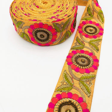 Orange Art Silk Lace Trim, Floral Embroidery in Green, Salmon and Fuchsia